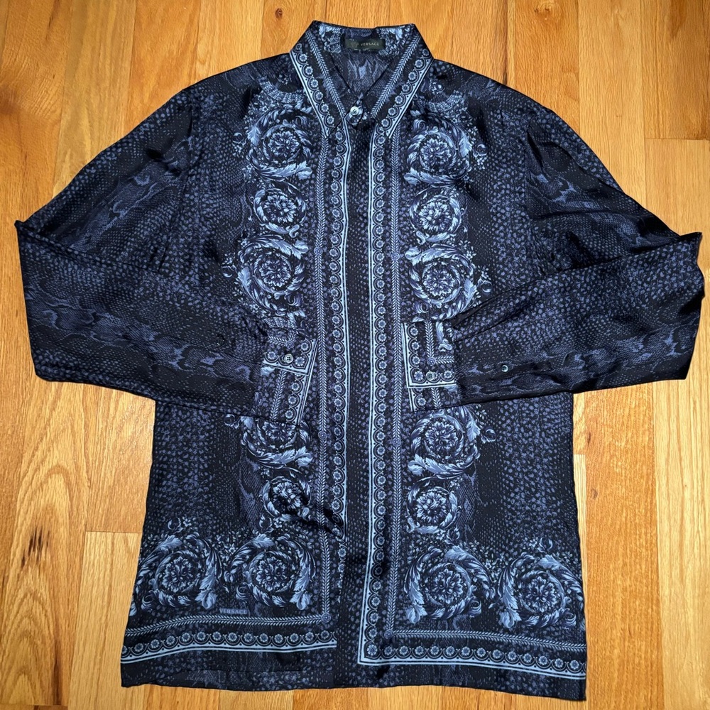 Versace Black and Gray Floral Silk Button-Down Shirt